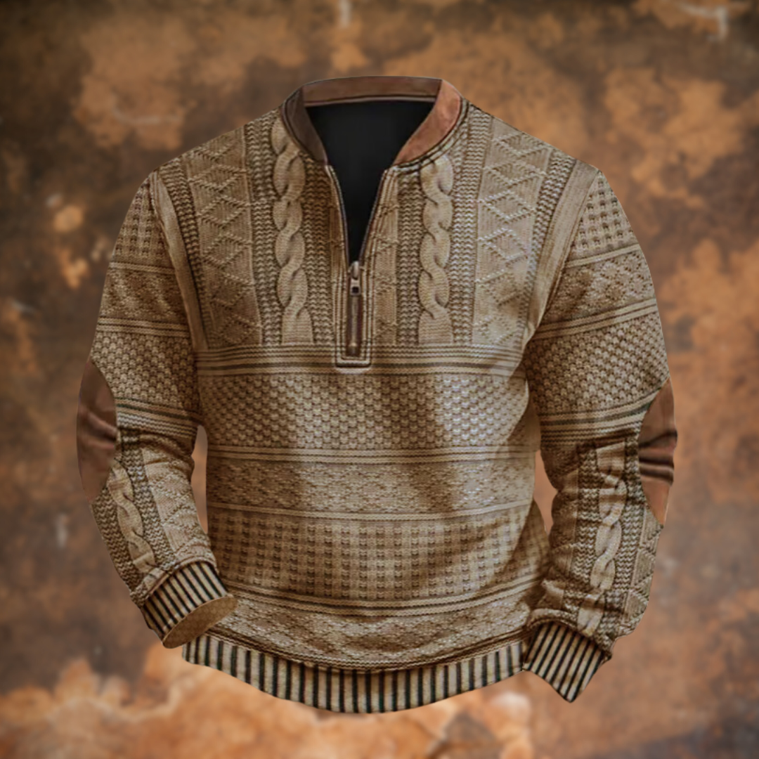 Men's Half-Zip Pullover Sweater with Cable Knit Pattern and Contrast Trim