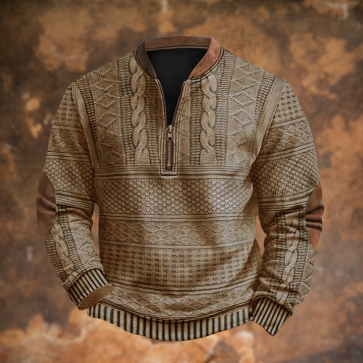 Men's Half-Zip Pullover Sweater with Cable Knit Pattern and Contrast Trim
