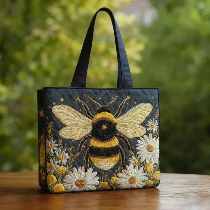Embroidered Bee and Daisy Quilted Tote Bag with Handles