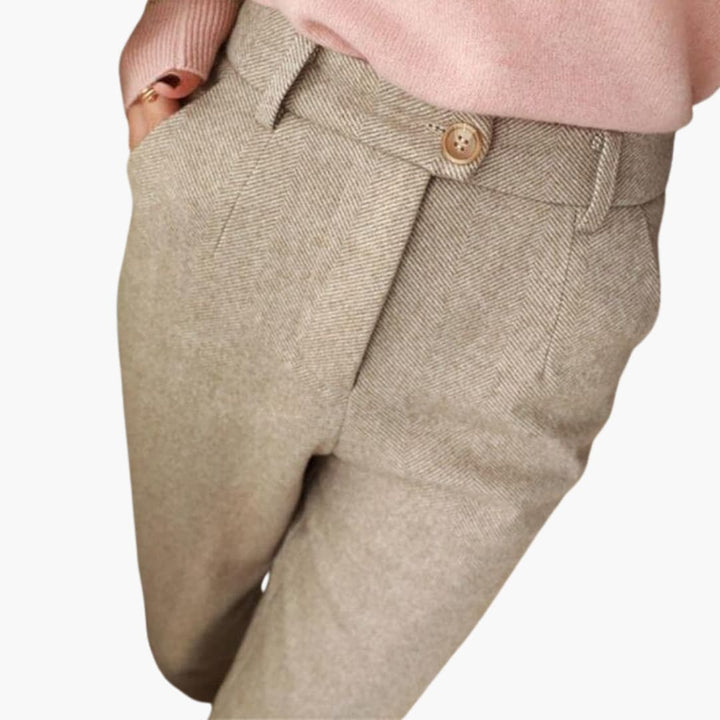 Women's Herringbone Tailored Trousers with Cuffed Hem and Button Detail