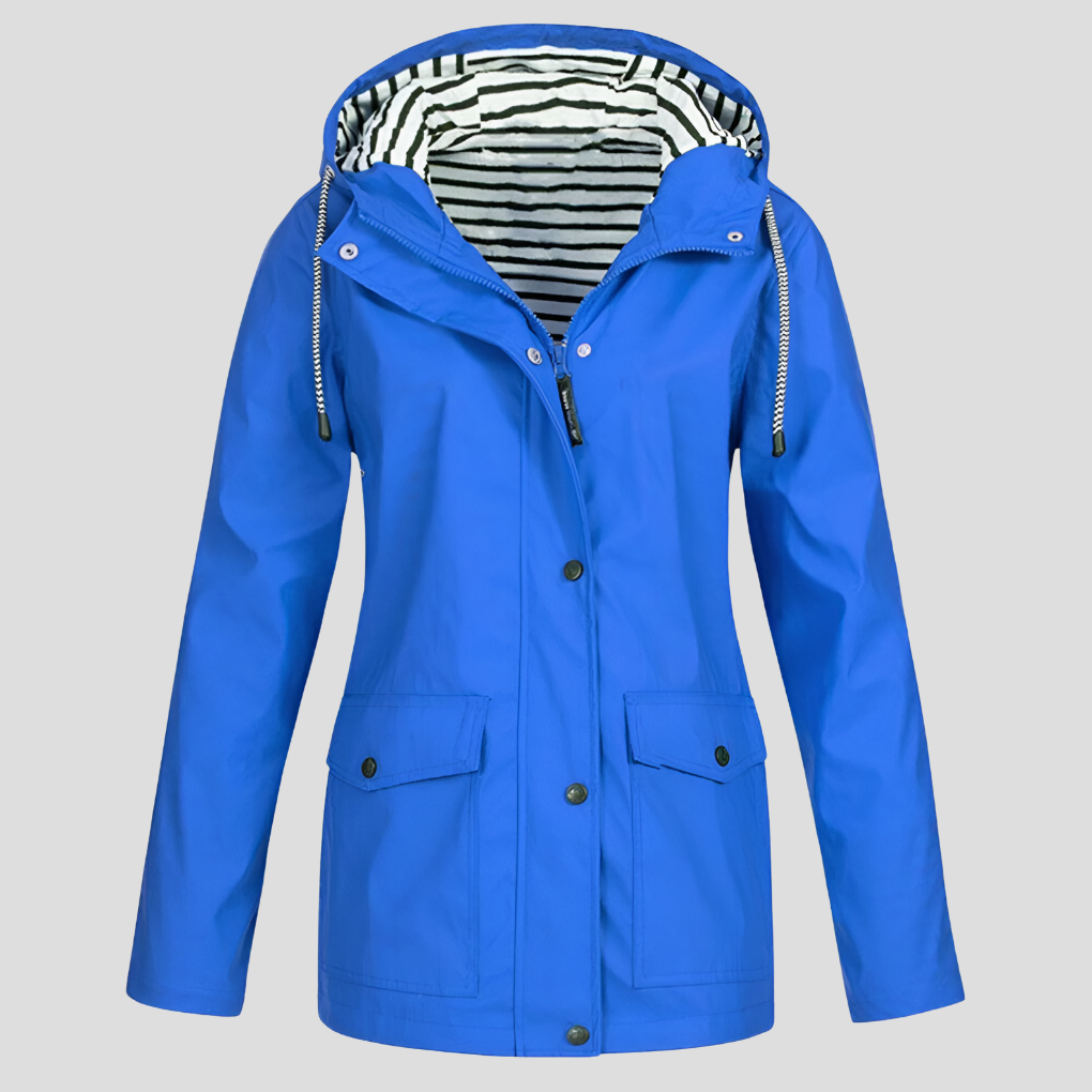 Women's Hooded Waterproof Rain Jacket in Yellow with Striped Lining