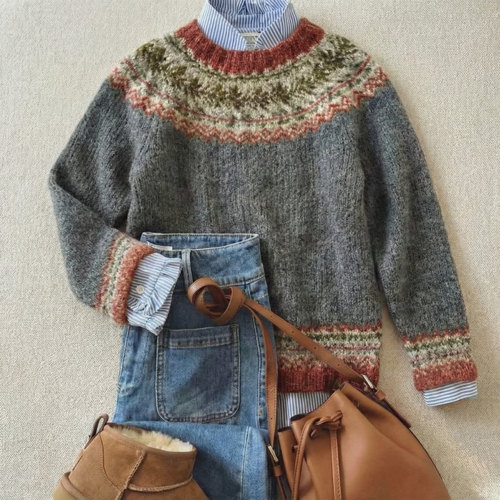 Women's Nordic Fair Isle Knit Sweater in Grey with Multicolor Yoke Detail