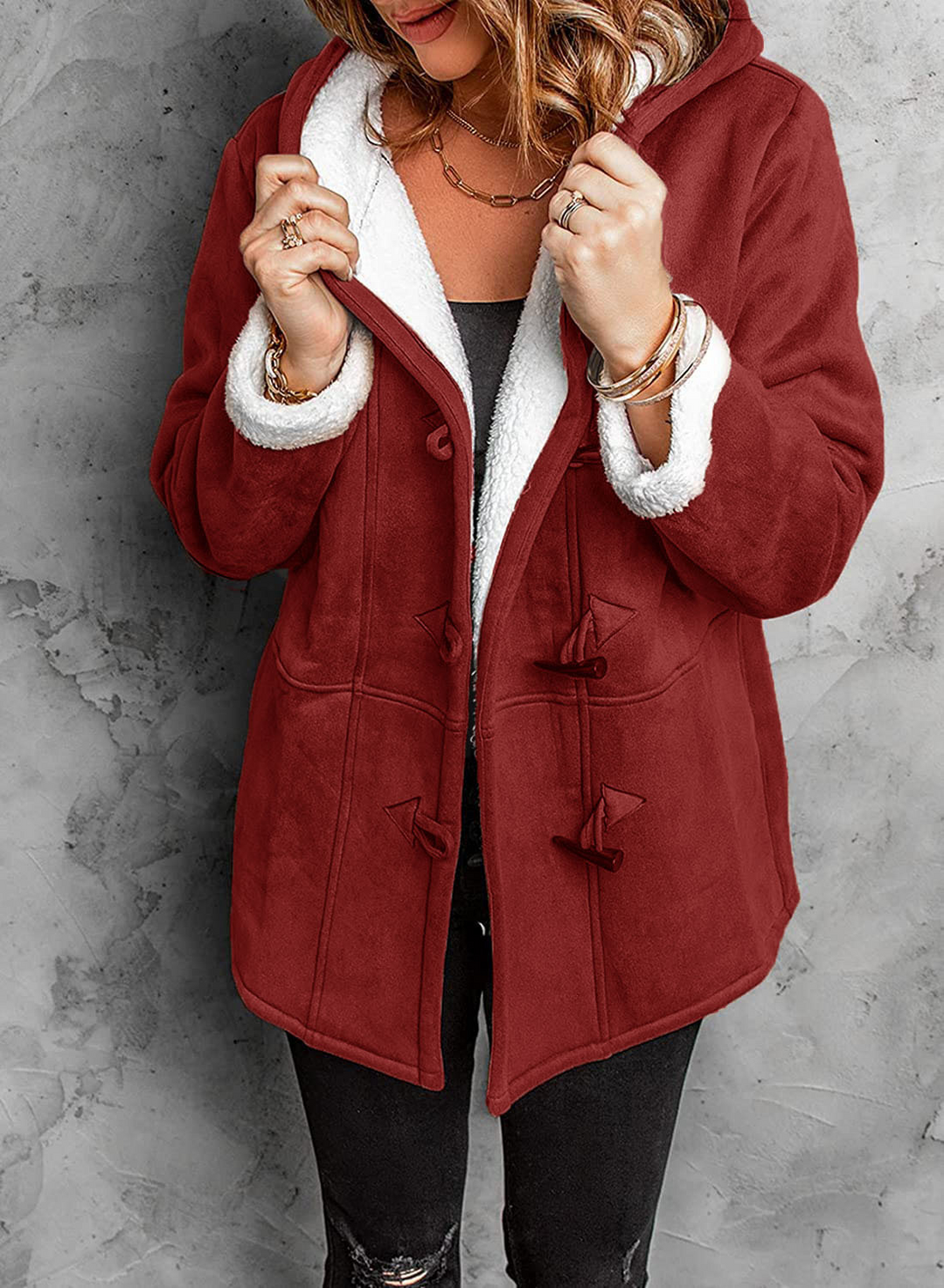 Women's Hooded Mid-Length Coat with Sherpa Lining and Toggle Buttons
