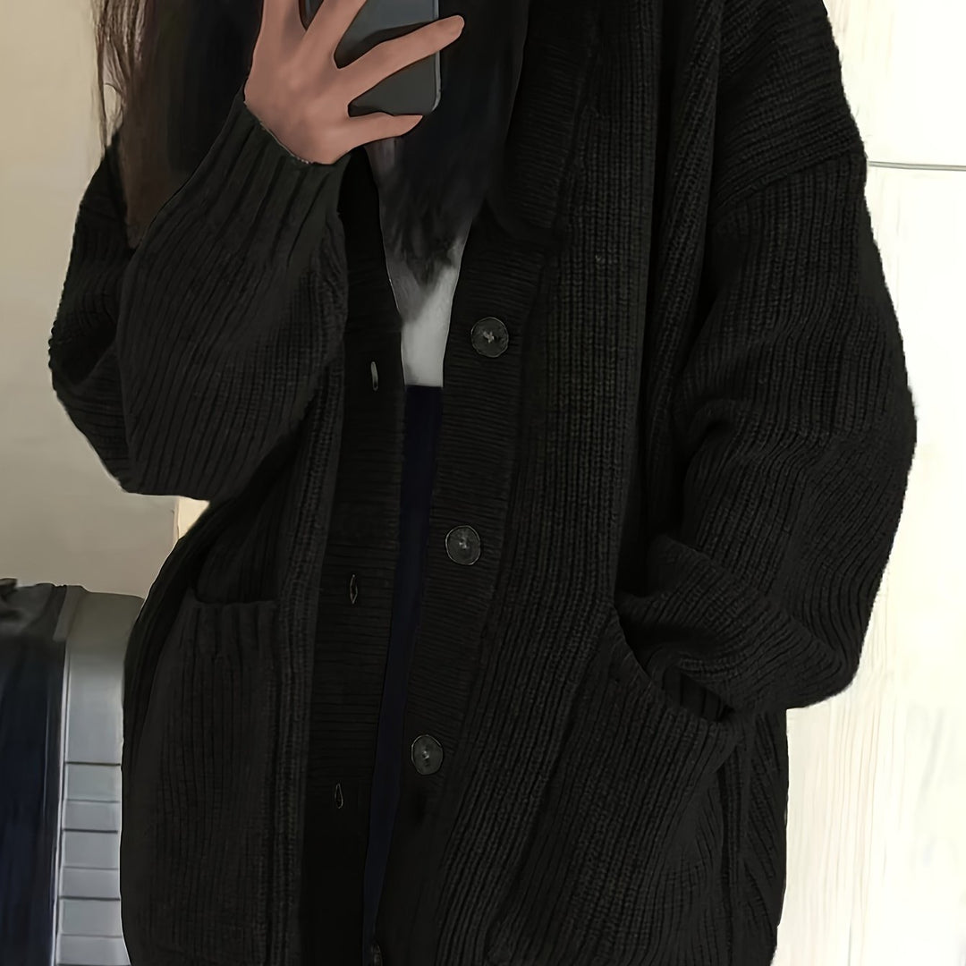 Maisie Relaxed Fit Button-Front Ribbed Knit Cardigan with Front Pockets