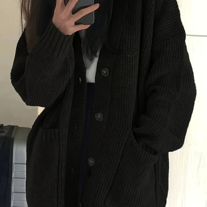 Maisie Relaxed Fit Button-Front Ribbed Knit Cardigan with Front Pockets