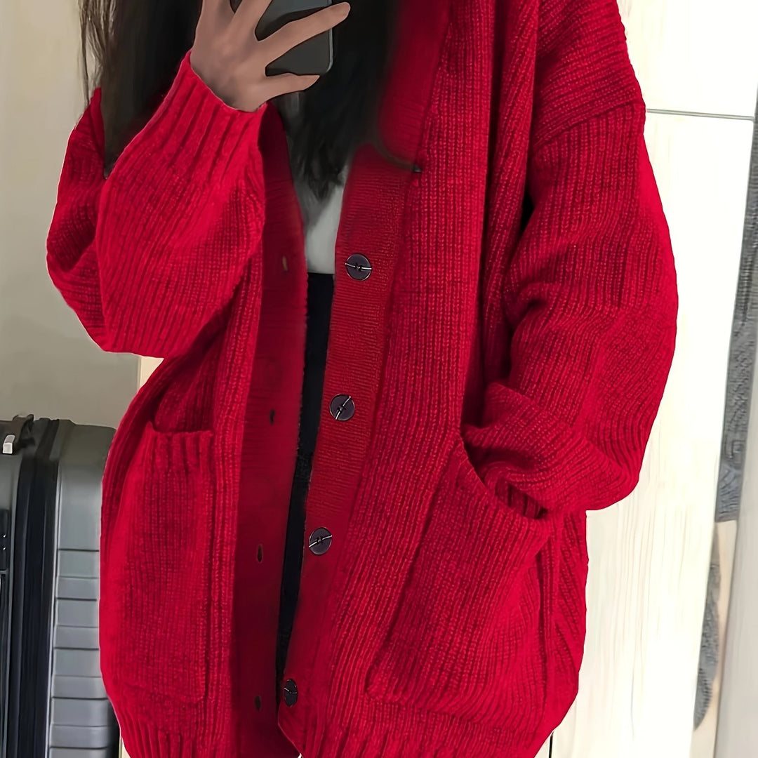 Maisie Relaxed Fit Button-Front Ribbed Knit Cardigan with Front Pockets