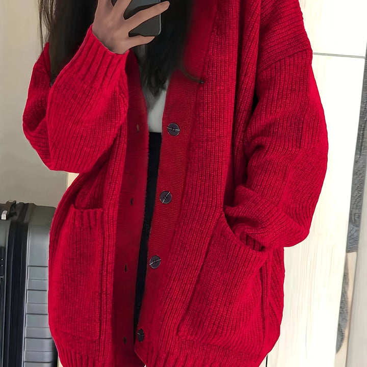 Maisie Relaxed Fit Button-Front Ribbed Knit Cardigan with Front Pockets