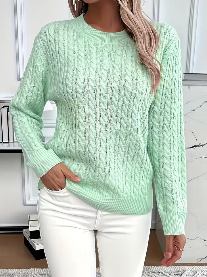 Women's Cable Knit Crewneck Sweater in Mint Green - Relaxed Fit Long Sleeve Pullover
