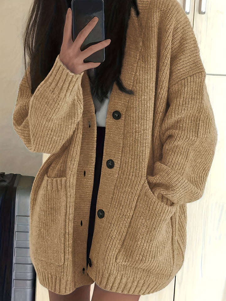 Maisie Relaxed Fit Button-Front Ribbed Knit Cardigan with Front Pockets