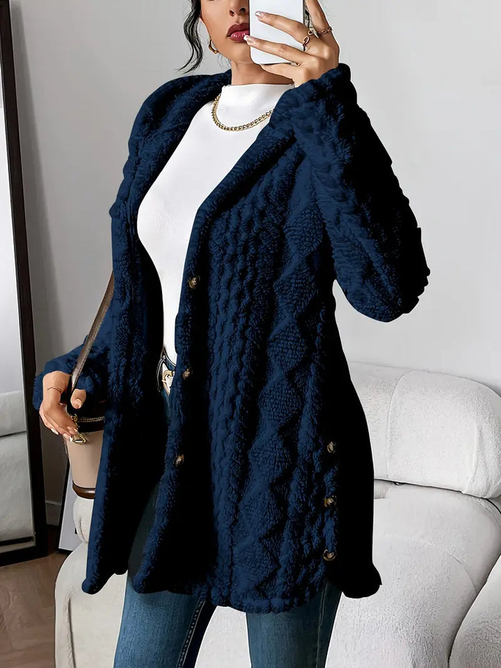 Plush Hooded Cardigan with Cable Texture and Button Front in Cream