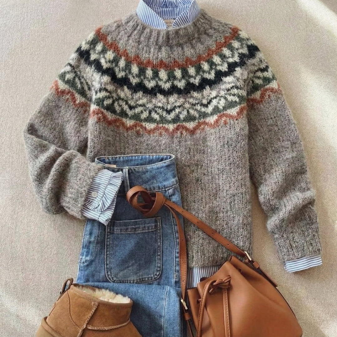 Women's Nordic Fair Isle Knit Sweater in Grey with Multicolor Yoke Detail