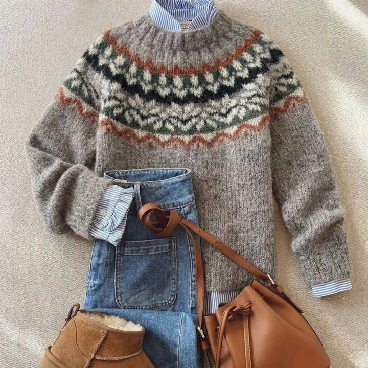 Women's Nordic Fair Isle Knit Sweater in Grey with Multicolor Yoke Detail