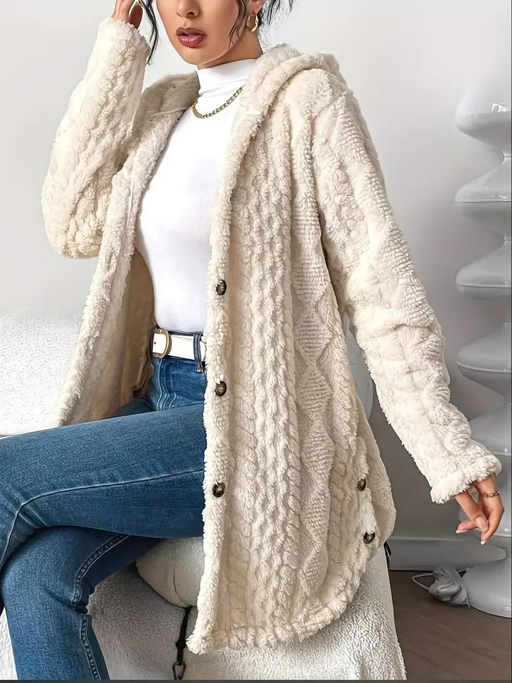 Plush Hooded Cardigan with Cable Texture and Button Front in Cream