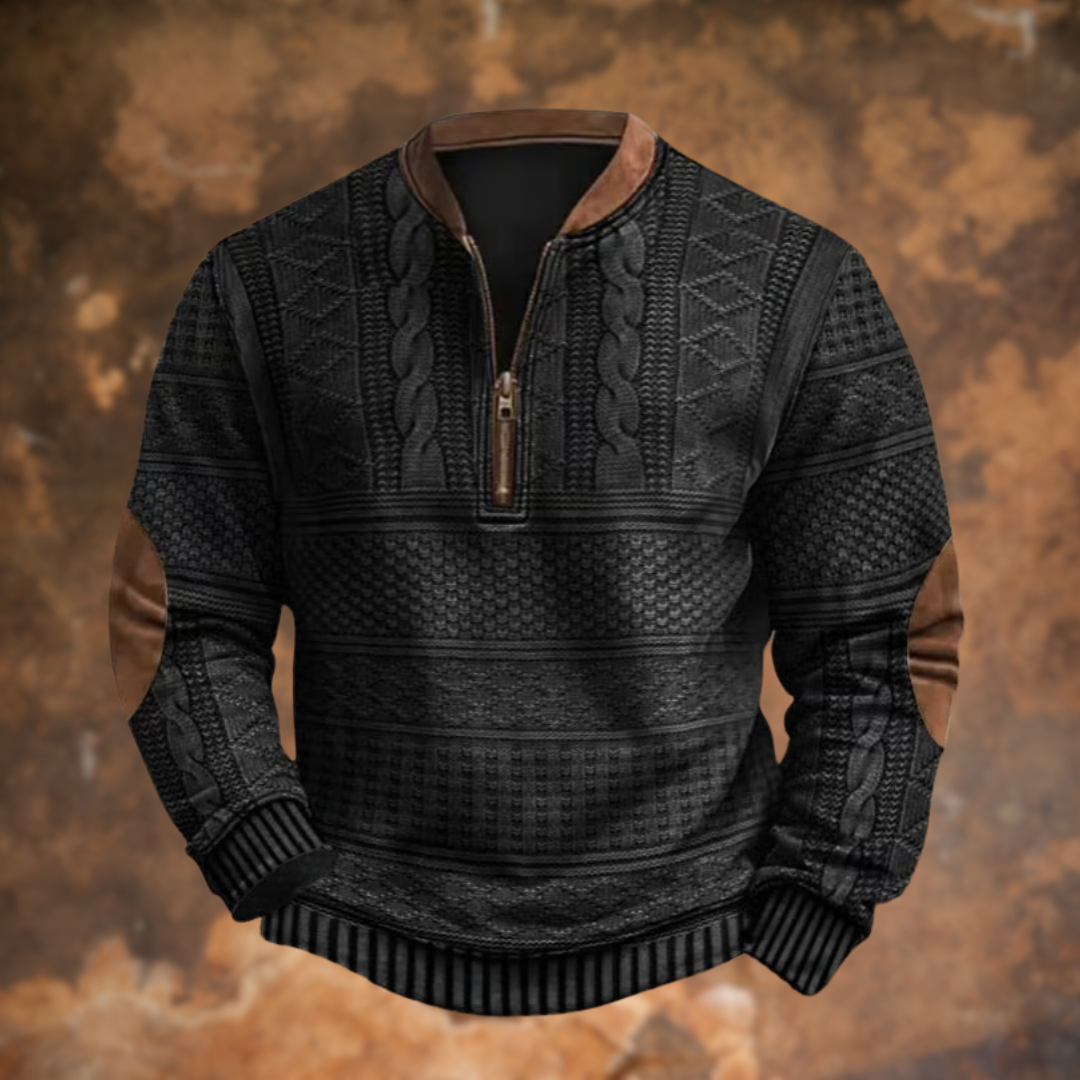 Men's Half-Zip Pullover Sweater with Cable Knit Pattern and Contrast Trim