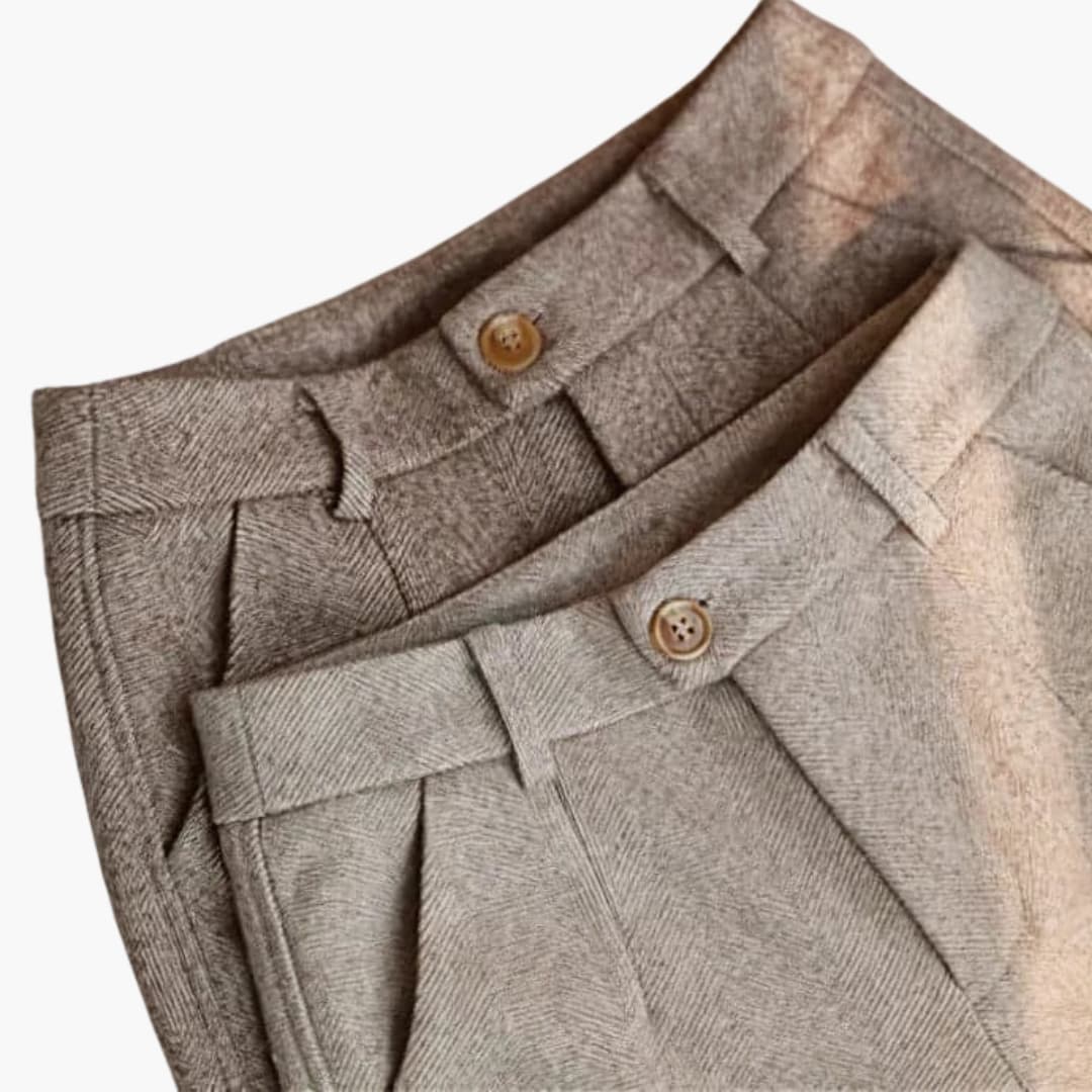Women's Herringbone Tailored Trousers with Cuffed Hem and Button Detail