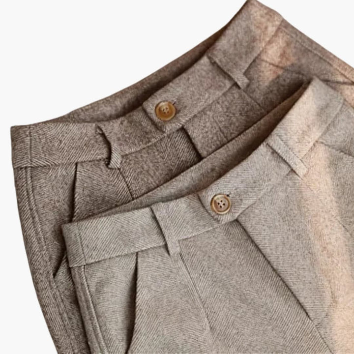 Women's Herringbone Tailored Trousers with Cuffed Hem and Button Detail