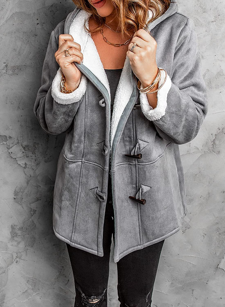 Women's Hooded Mid-Length Coat with Sherpa Lining and Toggle Buttons