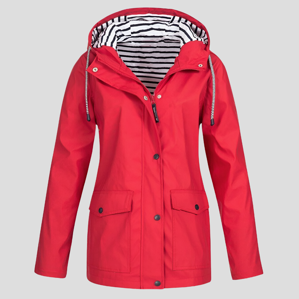 Women's Hooded Waterproof Rain Jacket in Yellow with Striped Lining