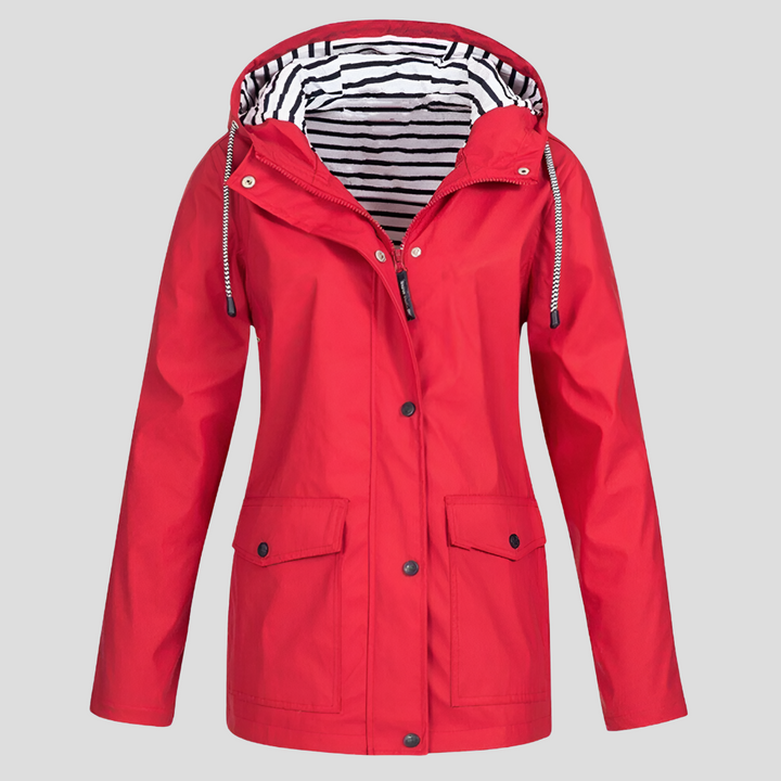 Women's Hooded Waterproof Rain Jacket in Yellow with Striped Lining