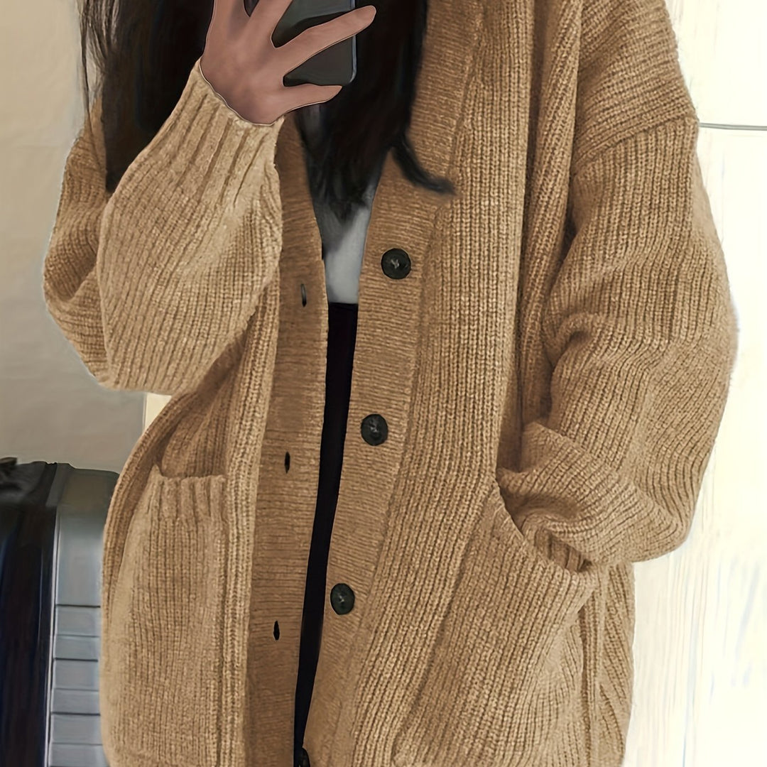Maisie Relaxed Fit Button-Front Ribbed Knit Cardigan with Front Pockets