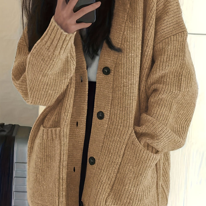Maisie Relaxed Fit Button-Front Ribbed Knit Cardigan with Front Pockets