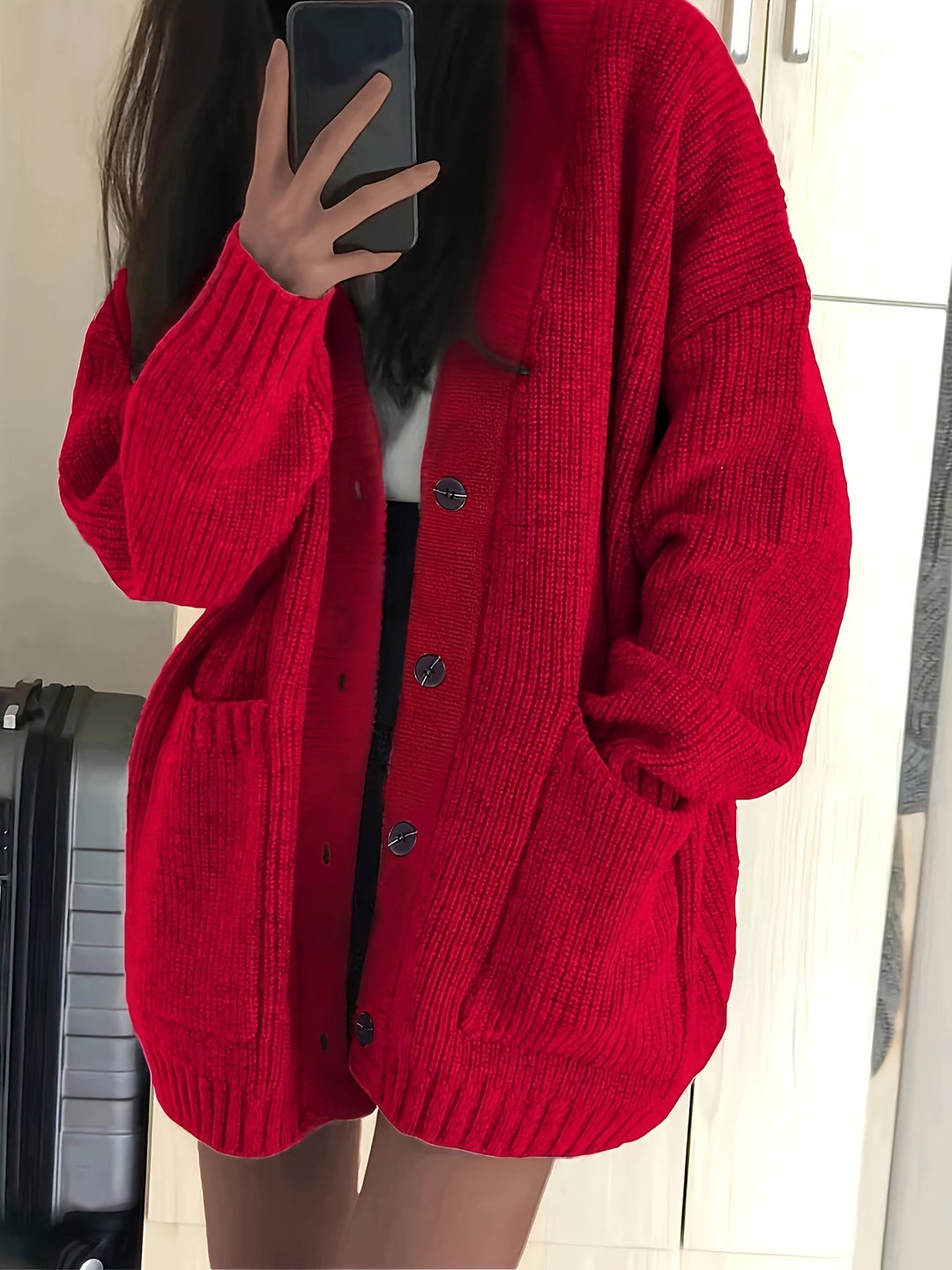 Maisie Relaxed Fit Button-Front Ribbed Knit Cardigan with Front Pockets