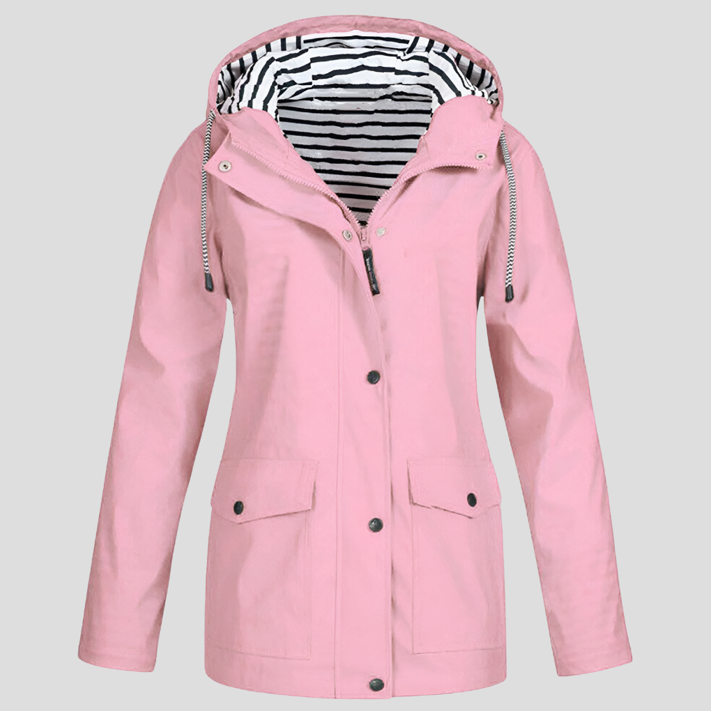 Women's Hooded Waterproof Rain Jacket in Yellow with Striped Lining