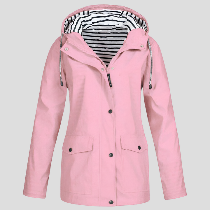 Women's Hooded Waterproof Rain Jacket in Yellow with Striped Lining