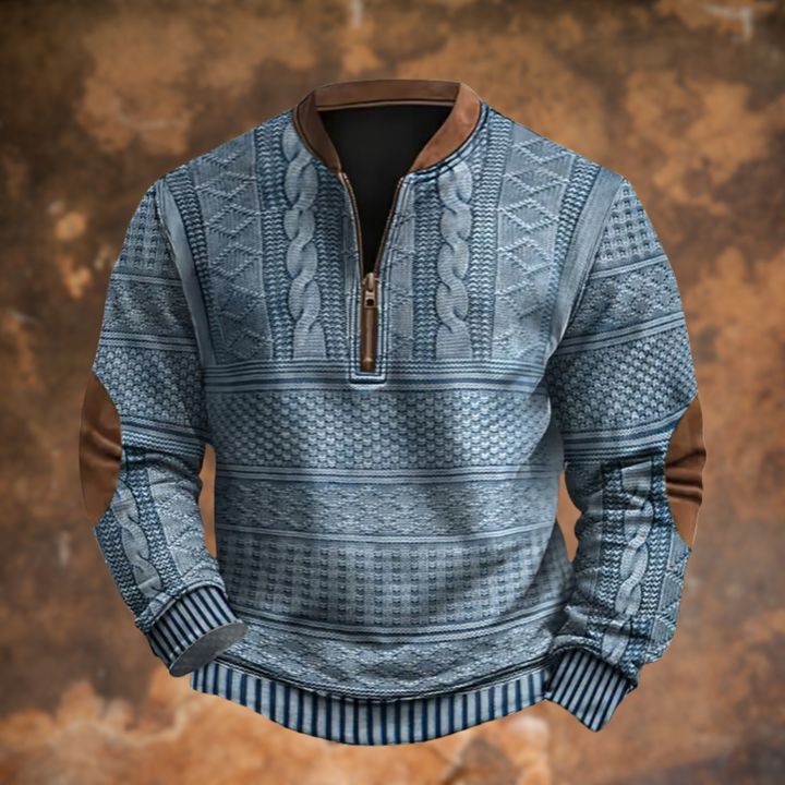 Men's Half-Zip Pullover Sweater with Cable Knit Pattern and Contrast Trim