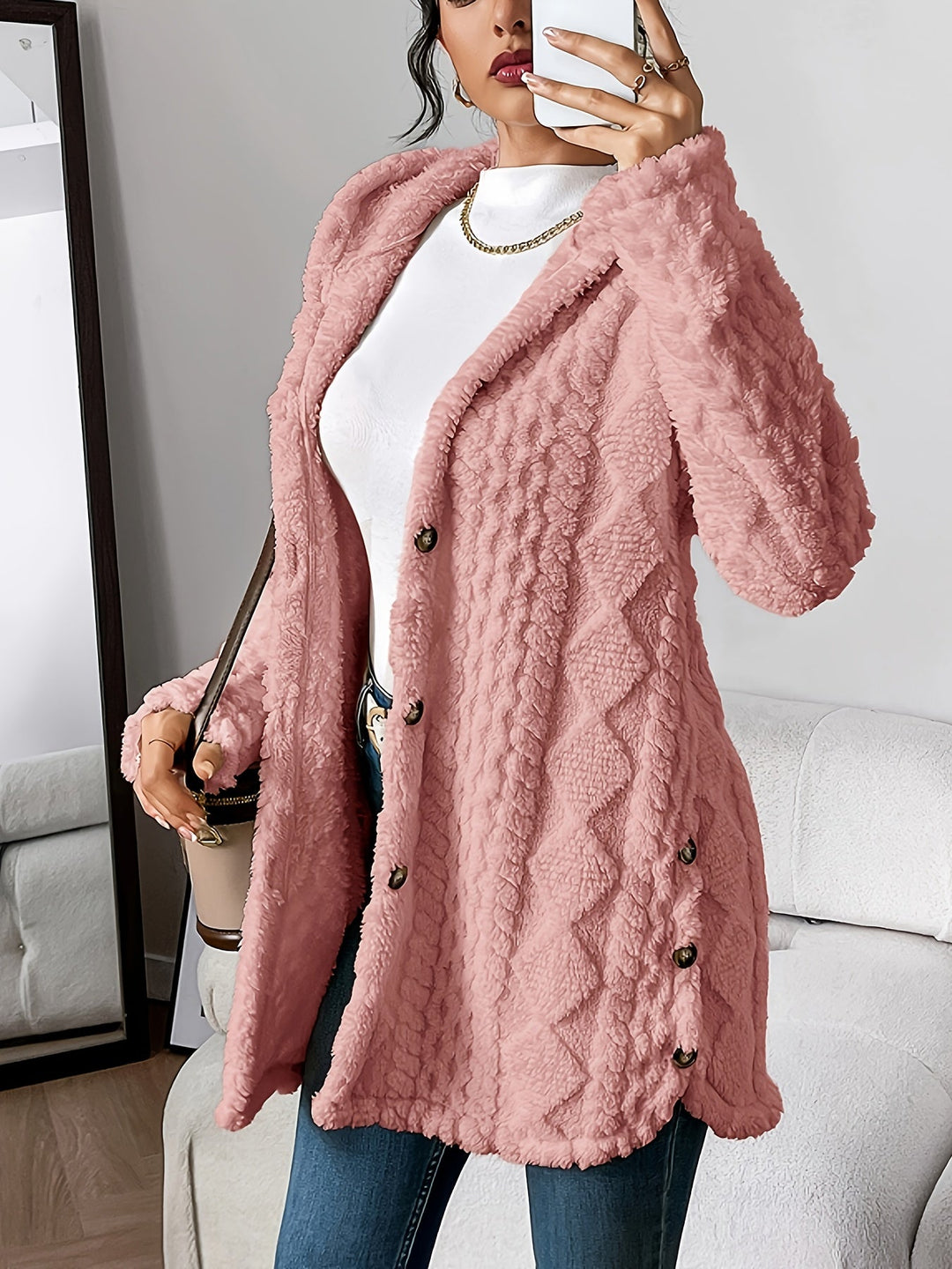 Plush Hooded Cardigan with Cable Texture and Button Front in Cream
