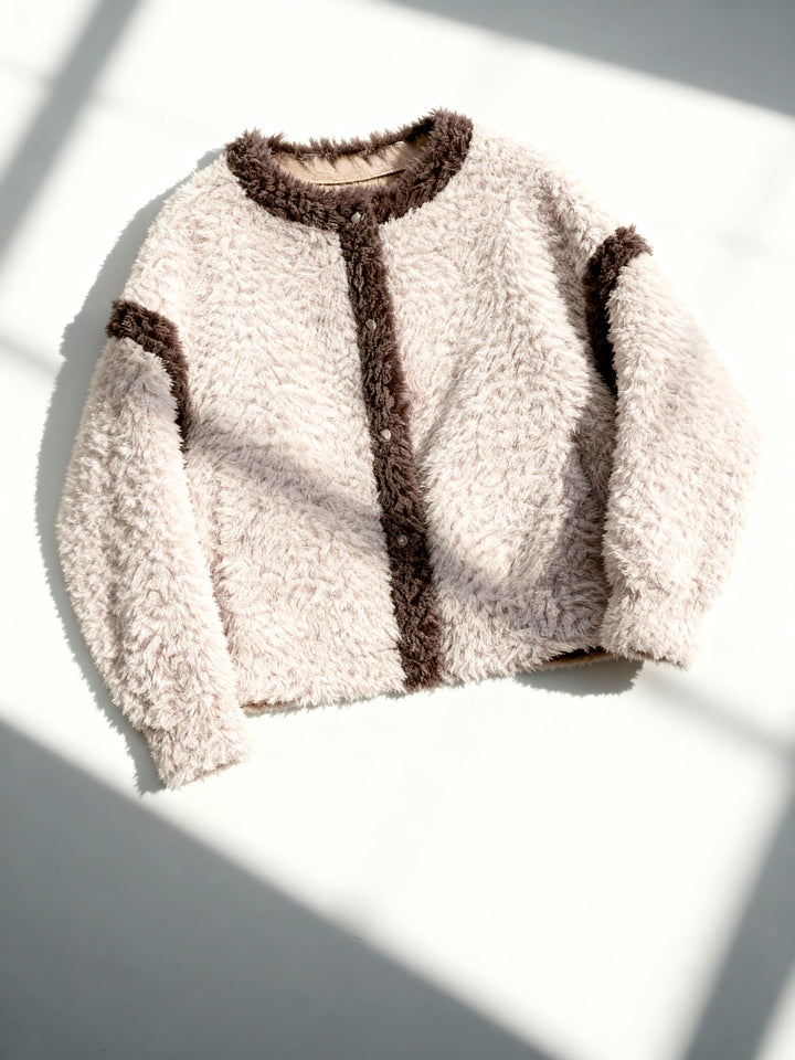 Bellamy Two-Tone Sherpa Fleece Cardigan Jacket with Contrast Trim