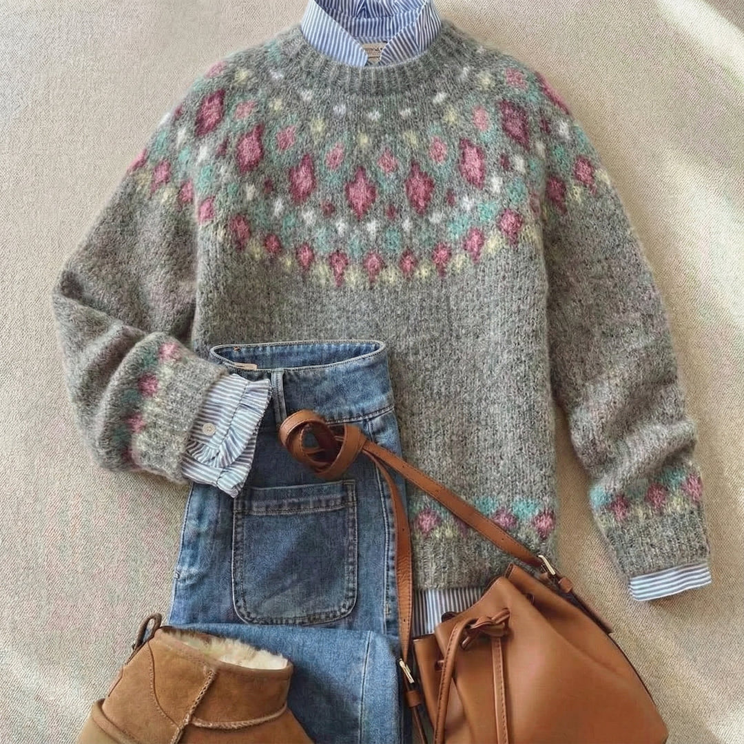 Women's Nordic Fair Isle Knit Sweater in Grey with Multicolor Yoke Detail