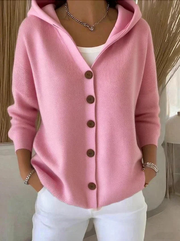 Women's Hooded Button-Front Knit Cardigan in Pink
