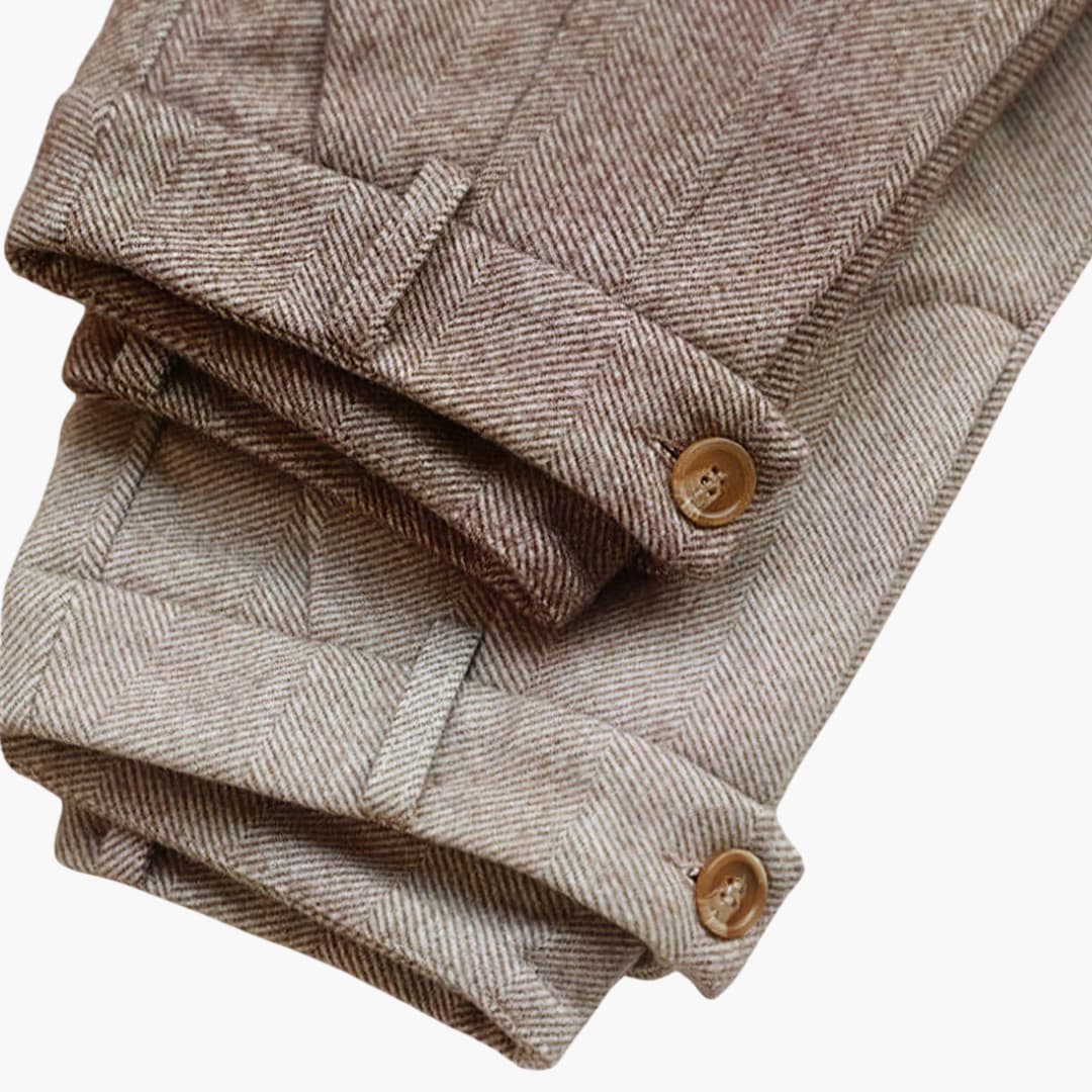 Women's Herringbone Tailored Trousers with Cuffed Hem and Button Detail