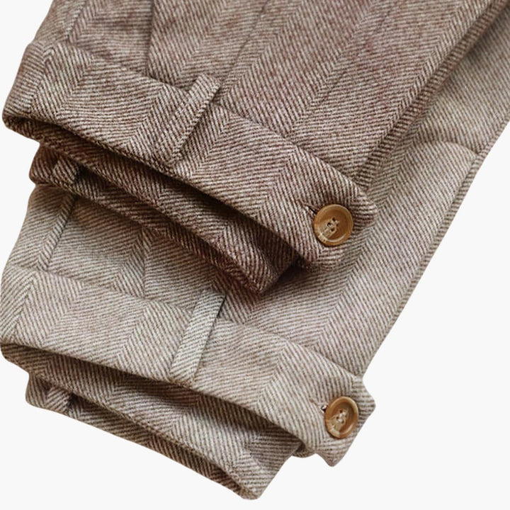 Women's Herringbone Tailored Trousers with Cuffed Hem and Button Detail