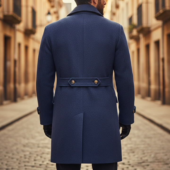 Men's Navy Blue Double-Breasted Wool Blend Overcoat with Notch Lapels