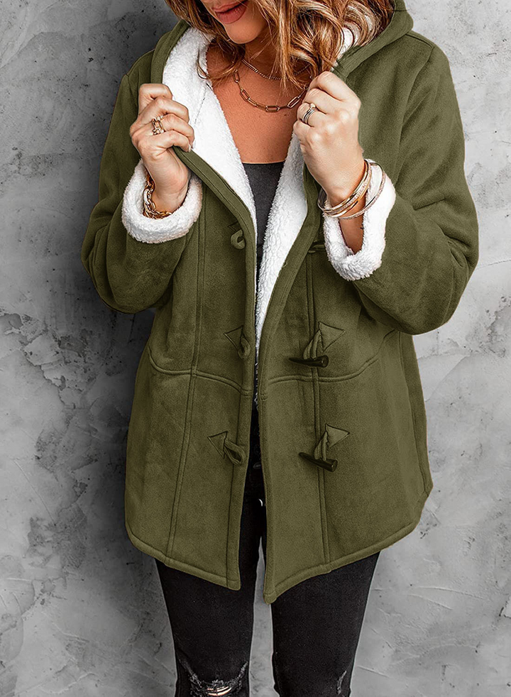 Women's Hooded Mid-Length Coat with Sherpa Lining and Toggle Buttons