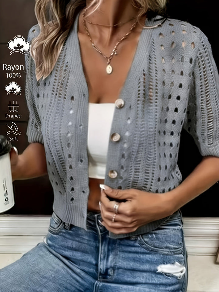 Open-Knit Cropped Cardigan with Button Front and Short Sleeves