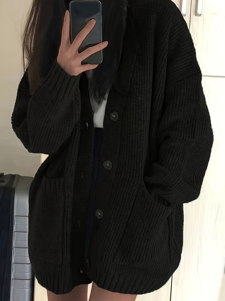 Maisie Relaxed Fit Button-Front Ribbed Knit Cardigan with Front Pockets