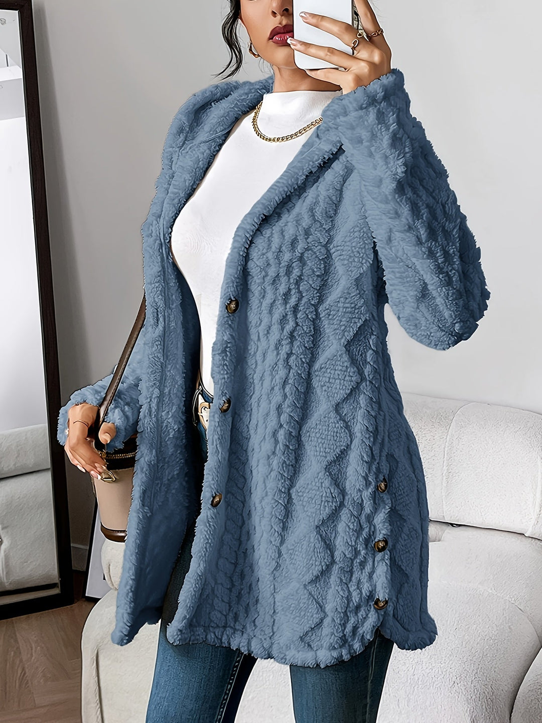 Plush Hooded Cardigan with Cable Texture and Button Front in Cream