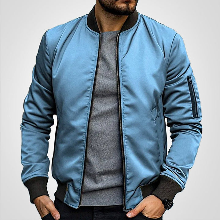 Men's Navy Blue Classic Bomber Jacket with Ribbed Trim and Zip Front