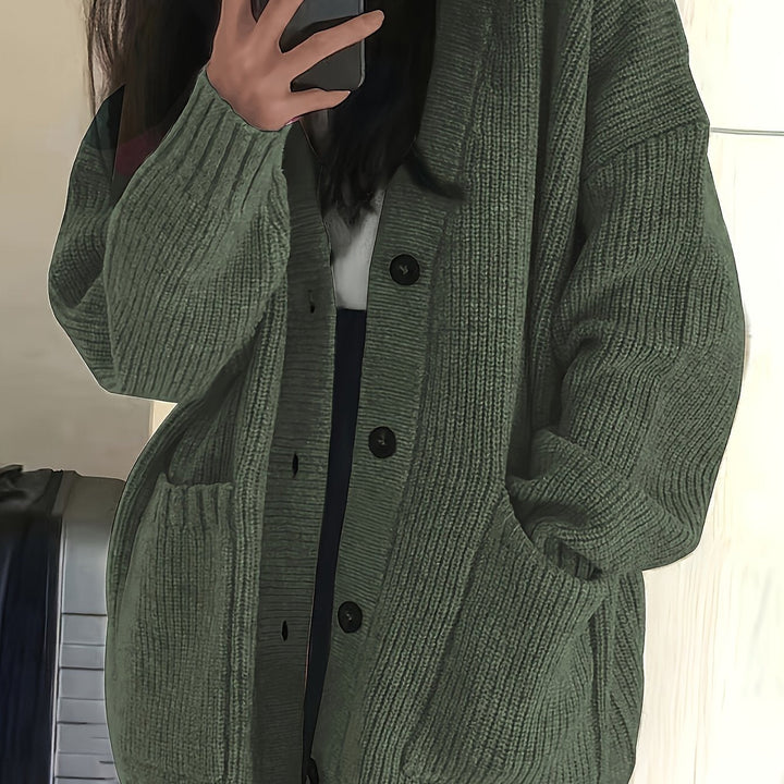 Maisie Relaxed Fit Button-Front Ribbed Knit Cardigan with Front Pockets