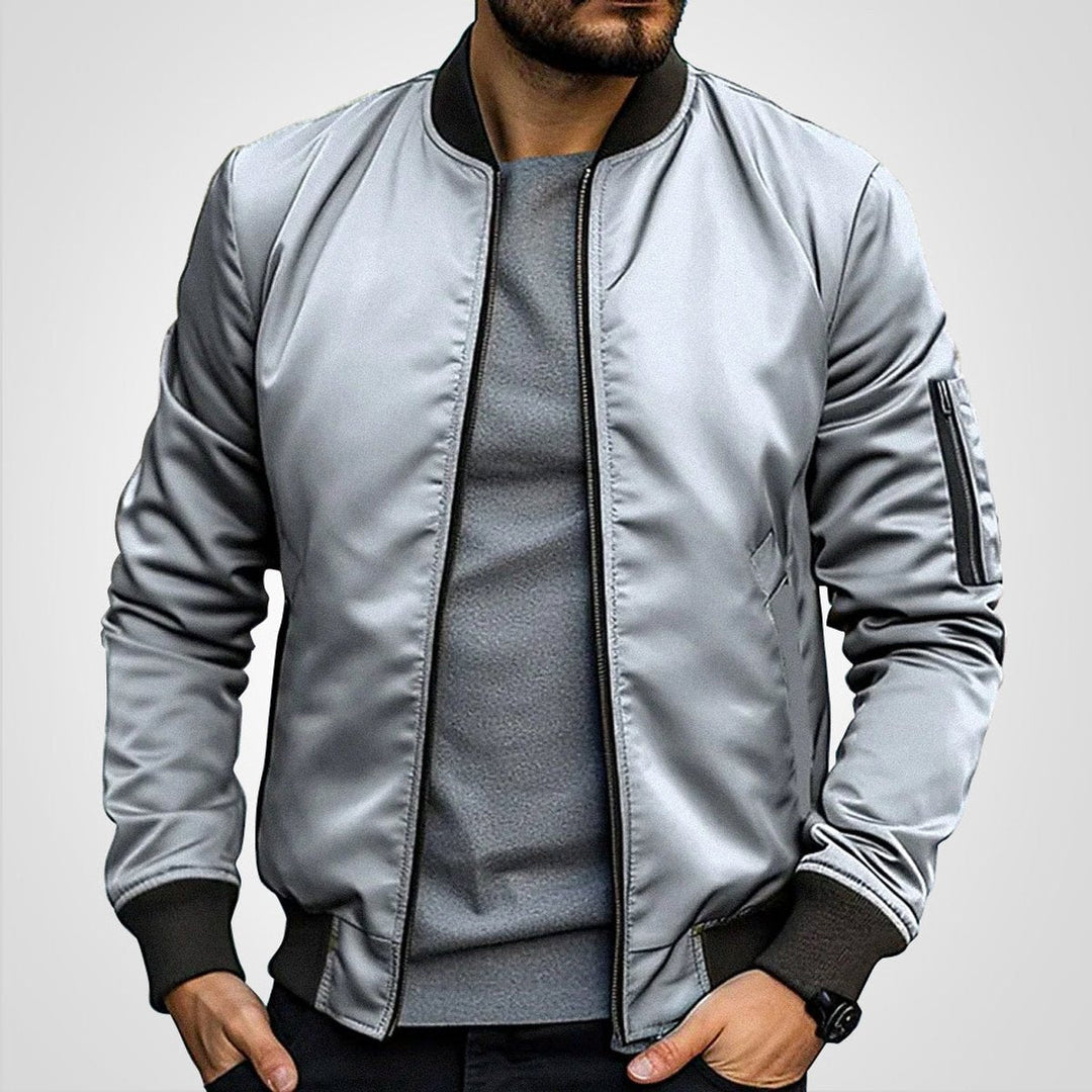 Men's Navy Blue Classic Bomber Jacket with Ribbed Trim and Zip Front