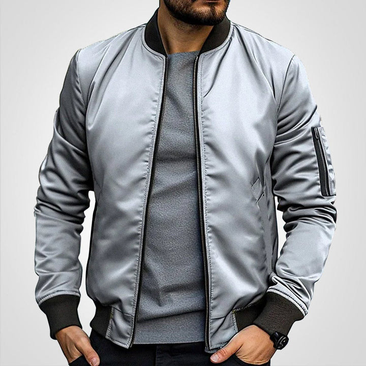 Men's Navy Blue Classic Bomber Jacket with Ribbed Trim and Zip Front