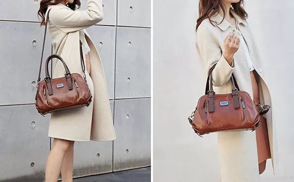 Vintage Style Faux Leather Tote Handbag with Crossbody Strap in Brown