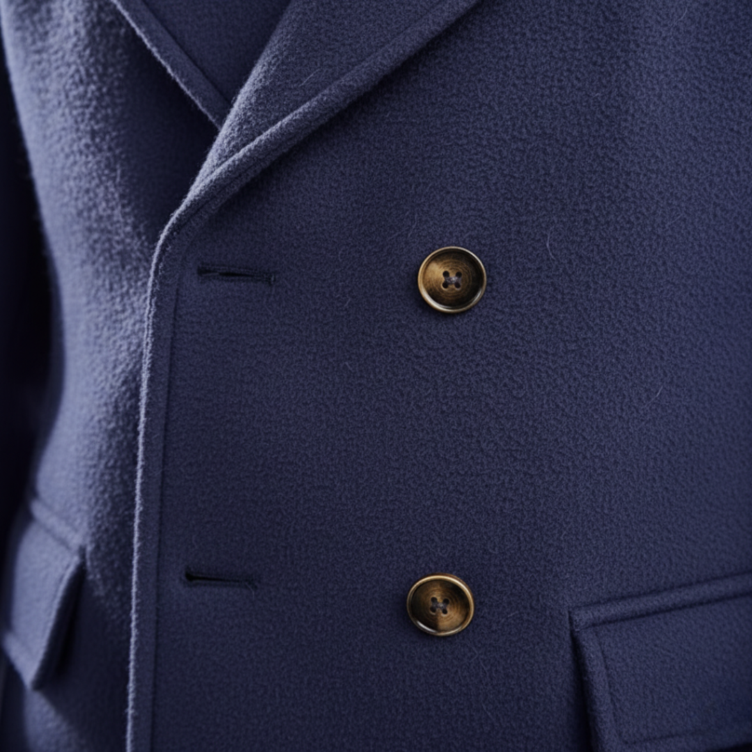Men's Navy Blue Double-Breasted Wool Blend Overcoat with Notch Lapels