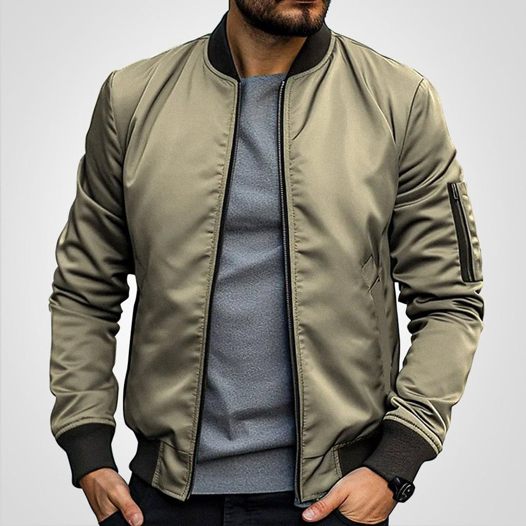 Men's Navy Blue Classic Bomber Jacket with Ribbed Trim and Zip Front