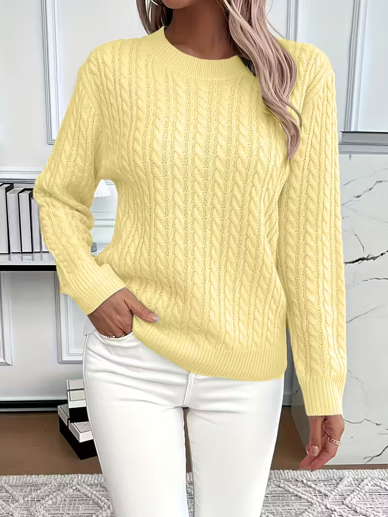 Women's Cable Knit Crewneck Sweater in Mint Green - Relaxed Fit Long Sleeve Pullover
