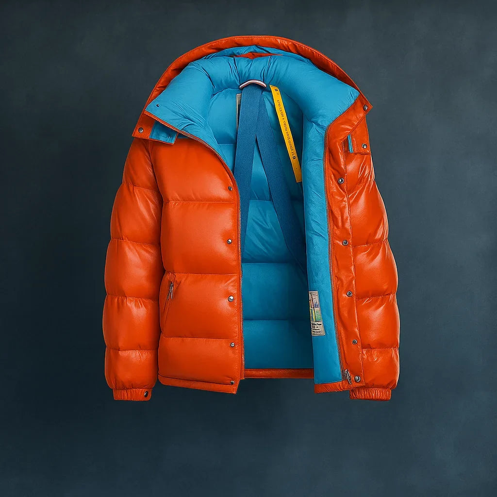 Men's Glossy Blue Hooded Puffer Jacket with Contrast Red Lining