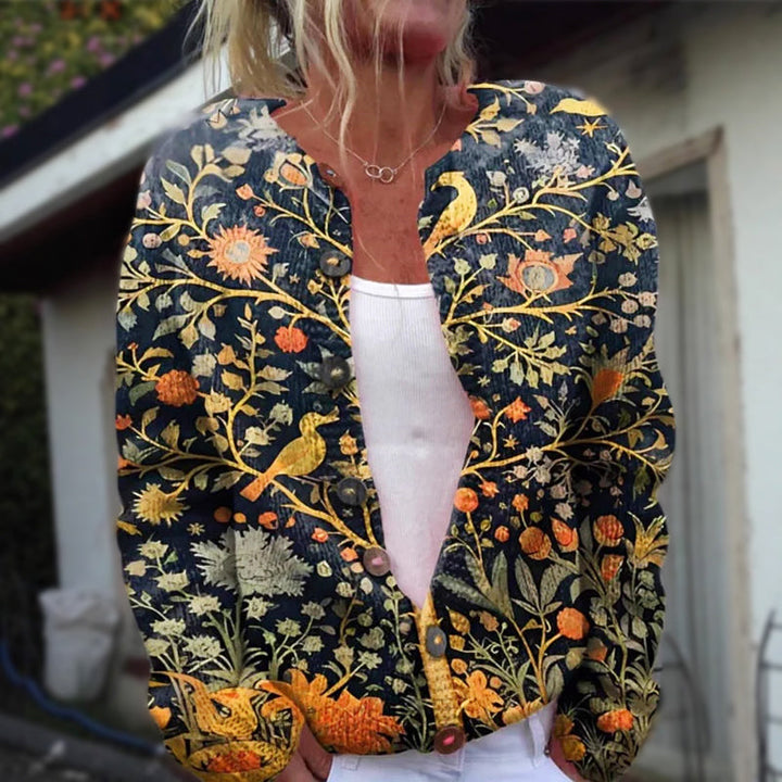 Women's Botanical Floral Print Button-Front Cardigan with Long Sleeves